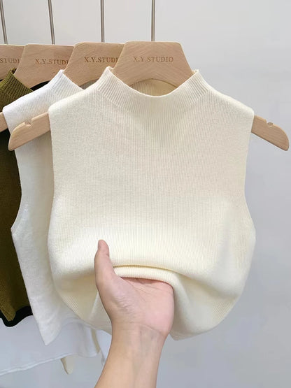 Sleeveless Stand Collar Knitted Women Sweater