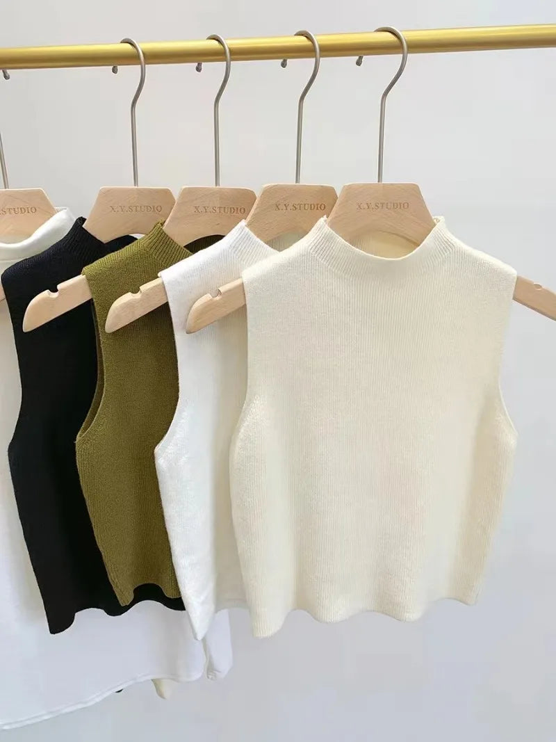 Sleeveless Stand Collar Knitted Women Sweater