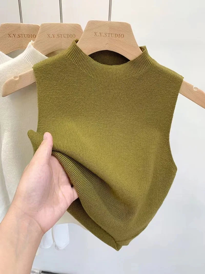 Sleeveless Stand Collar Knitted Women Sweater