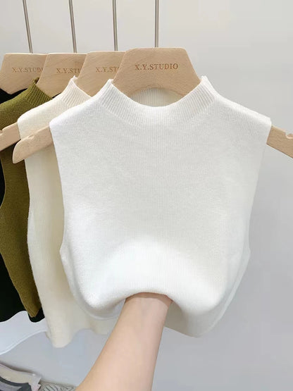 Sleeveless Stand Collar Knitted Women Sweater